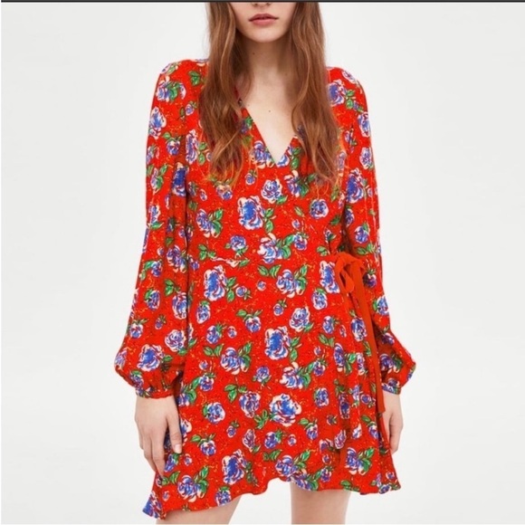 Zara Dresses & Skirts - Zara | NWT Red Floral Wrap V-Neck Ruched 3/4-Length Sleeve Dress XS